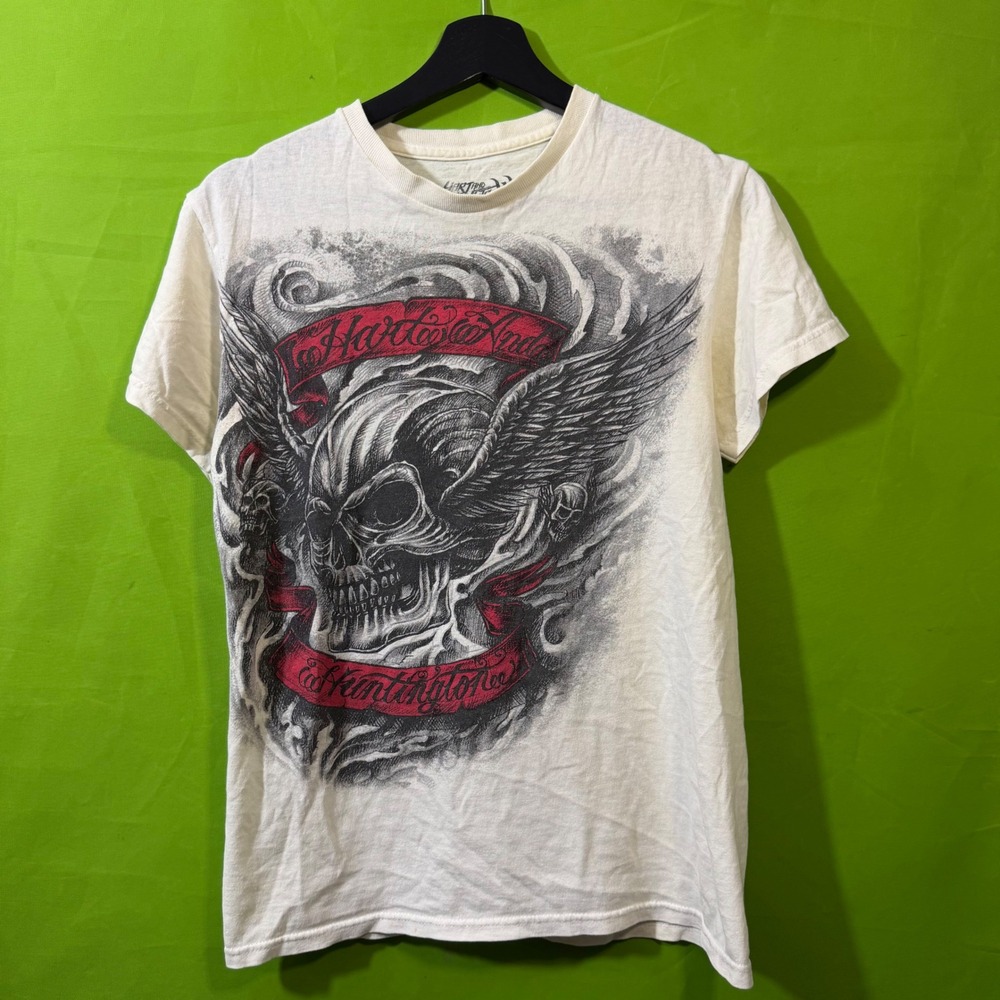 Hart and Huntington Mens Small Skull Wings Graphic T-Shirt White Y2K Moto Tee